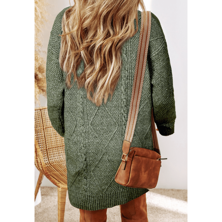 Kenna Green Cable Knit Drop Shoulder Loose Fit Sweater Dress