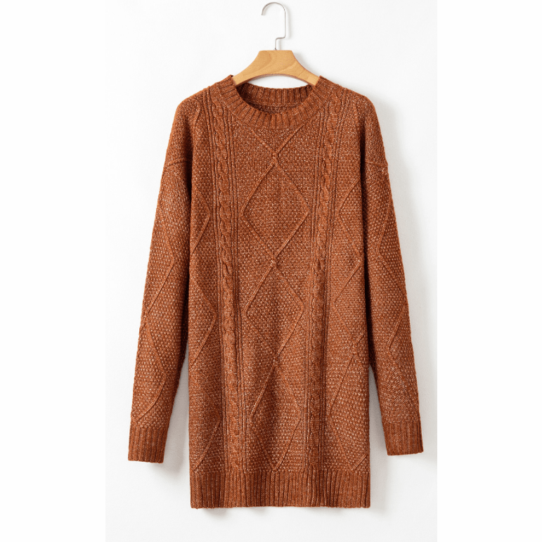 Kenna Coffee Cable Knit Drop Shoulder Loose Fit Sweater Dress