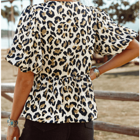 REDUCED!!!  Cinni Leopard Bubble Sleeve Bow Tie Front Peplum Blouse  REDUCED!!!