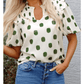 Phoebe Green Polka Dot Print Shirred Yoke Notched Neck Balloon Sleeve Blouse