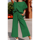 Belva Green Textured Loose Fit T Shirt and Drawstring Pants Set