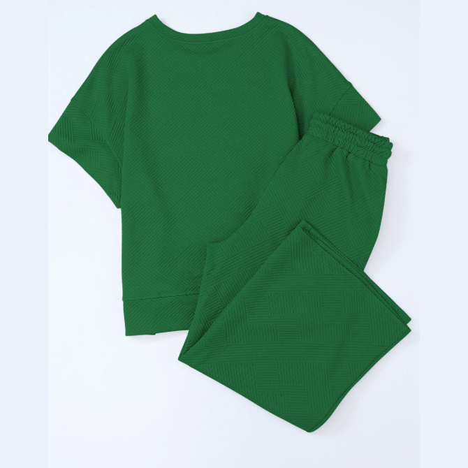 Belva Green Textured Loose Fit T Shirt and Drawstring Pants Set