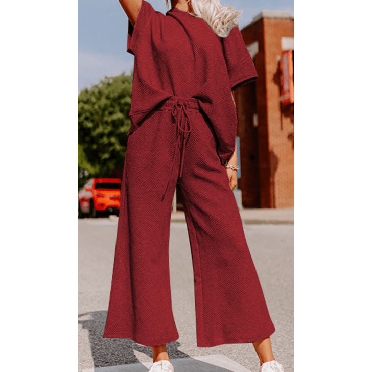 Belva Red Textured Loose Fit T Shirt and Drawstring Pants Set