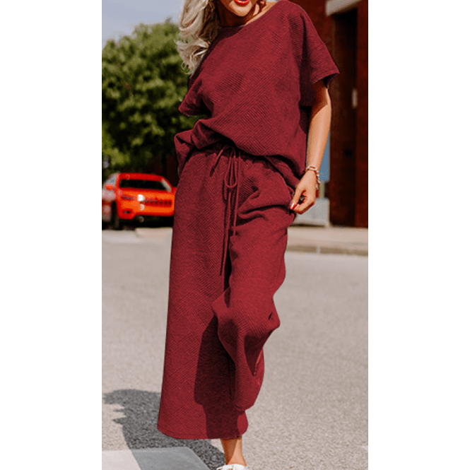 Belva Red Textured Loose Fit T Shirt and Drawstring Pants Set