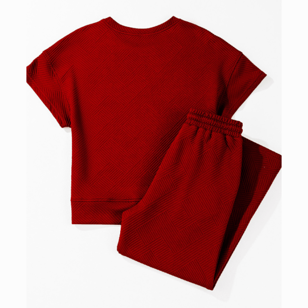 Belva Red Textured Loose Fit T Shirt and Drawstring Pants Set