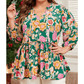 Thea Green Floral Puff Sleeve V Neck Peplum Blouse