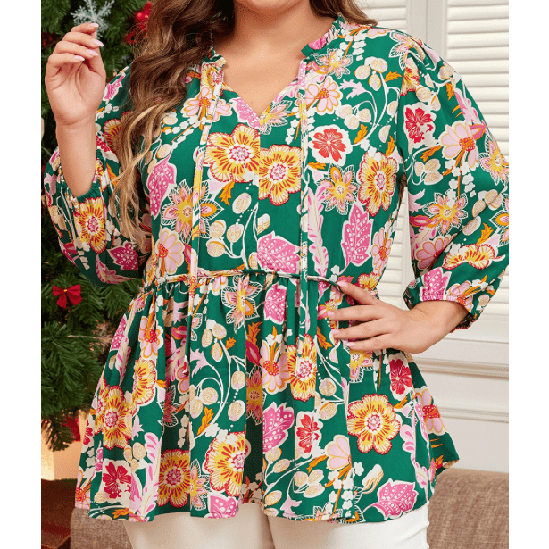 Thea Green Floral Puff Sleeve V Neck Peplum Blouse