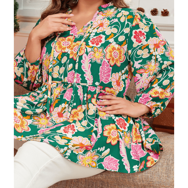 Thea Green Floral Puff Sleeve V Neck Peplum Blouse