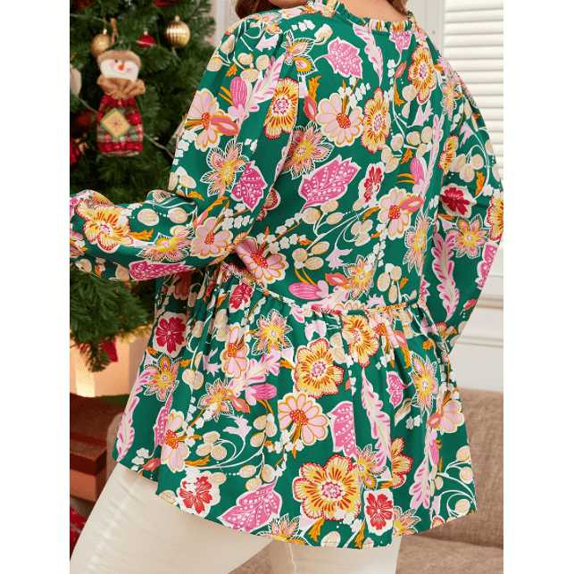 Thea Green Floral Puff Sleeve V Neck Peplum Blouse
