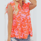 Teresita Orange Floral Print Collared Button Neckline Flutter Sleeve Blouse