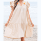 REDUCED!!!  Maxine Linen Embroidery Split Neck Pom Pom Ruffle Sleeves Flowy Short Dress  REDUCED!!!