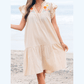 REDUCED!!!  Maxine Linen Embroidery Split Neck Pom Pom Ruffle Sleeves Flowy Short Dress  REDUCED!!!