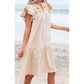 REDUCED!!!  Maxine Linen Embroidery Split Neck Pom Pom Ruffle Sleeves Flowy Short Dress  REDUCED!!!