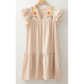 REDUCED!!!  Maxine Linen Embroidery Split Neck Pom Pom Ruffle Sleeves Flowy Short Dress  REDUCED!!!