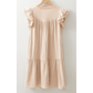 REDUCED!!!  Maxine Linen Embroidery Split Neck Pom Pom Ruffle Sleeves Flowy Short Dress  REDUCED!!!