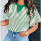 Maritsa Green Contrast Detail Striped Ruffle Short Sleeve Top
