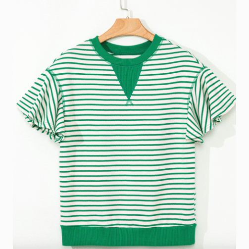 Maritsa Green Contrast Detail Striped Ruffle Short Sleeve Top