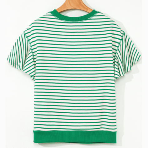 Maritsa Green Contrast Detail Striped Ruffle Short Sleeve Top