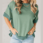 Delphine Green Half Sleeve Raw Seam High Low Side Split Top