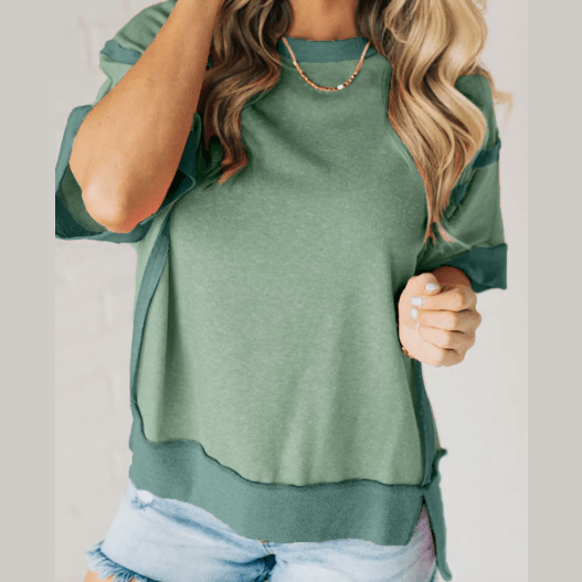 Delphine Green Half Sleeve Raw Seam High Low Side Split Top
