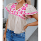 REDUCED!!!  Quella Beige Floral Embroidered Short Sleeve Notched V Neck Blouse  REDUCED!!!