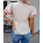 REDUCED!!!  Quella Beige Floral Embroidered Short Sleeve Notched V Neck Blouse  REDUCED!!!