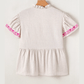 REDUCED!!!  Quella Beige Floral Embroidered Short Sleeve Notched V Neck Blouse  REDUCED!!!