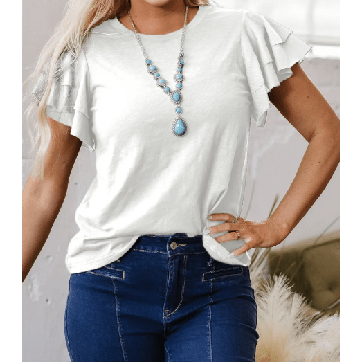 Cynthia White Layered Ruffle Short Sleeve Round Neck Top