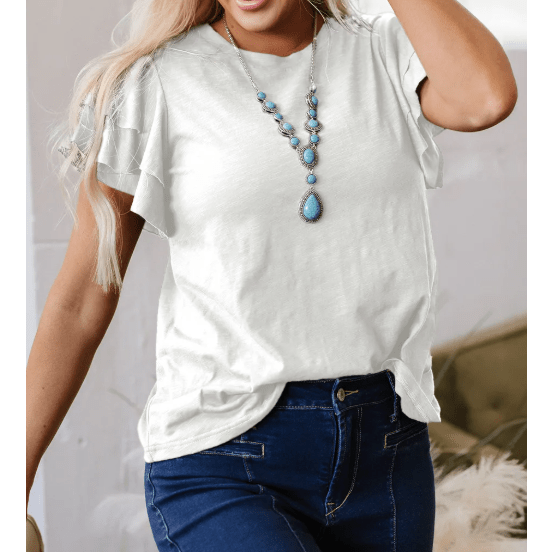 Cynthia White Layered Ruffle Short Sleeve Round Neck Top