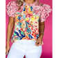 Zinnia Red Floral Mixed Print Ruffle Cap Sleeve Blouse