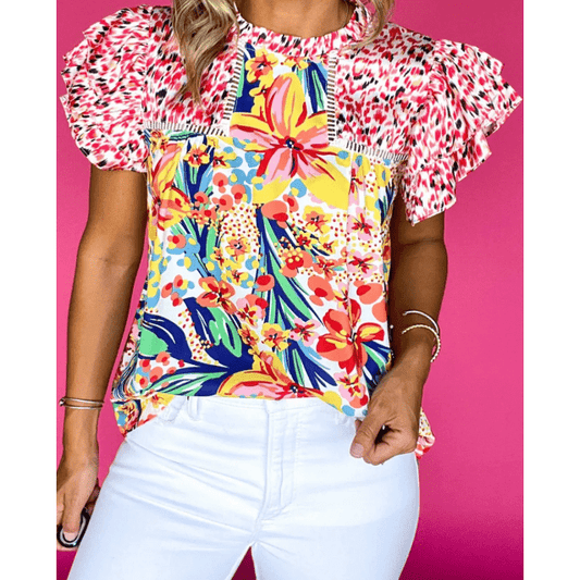 Zinnia Red Floral Mixed Print Ruffle Cap Sleeve Blouse