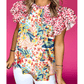 Zinnia Red Floral Mixed Print Ruffle Cap Sleeve Blouse