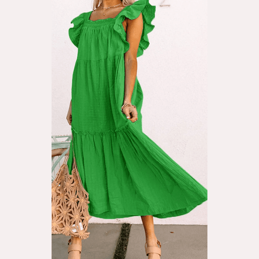 Sarah Green Ruffled Flutter Sleeve Square Neck Textured Tiered Maxi Dress