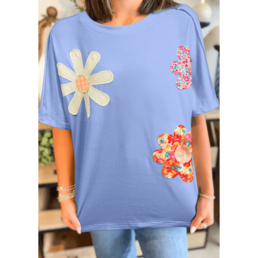 Dovie Sky Blue Flower Patched Exposed Stitching Trim Crew Neck Loose Tee