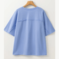 Dovie Sky Blue Flower Patched Exposed Stitching Trim Crew Neck Loose Tee