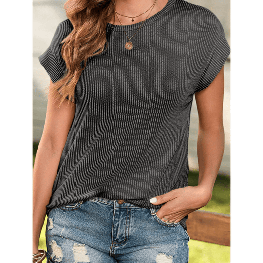 Suzette Charcoal Twisted Rib Wide Sleeve Crew Neck T Shirt