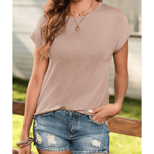 Suzette Khaki Twisted Rib Wide Sleeve Crew Neck T Shirt