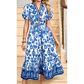 Bethan Blue & White Floral Puff Short Sleeve V Neck High Waist Maxi Dress