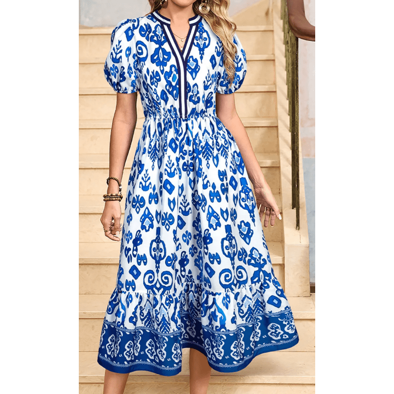 Bethan Blue & White Floral Puff Short Sleeve V Neck High Waist Maxi Dress