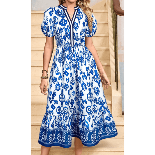 Bethan Blue & White Floral Puff Short Sleeve V Neck High Waist Maxi Dress