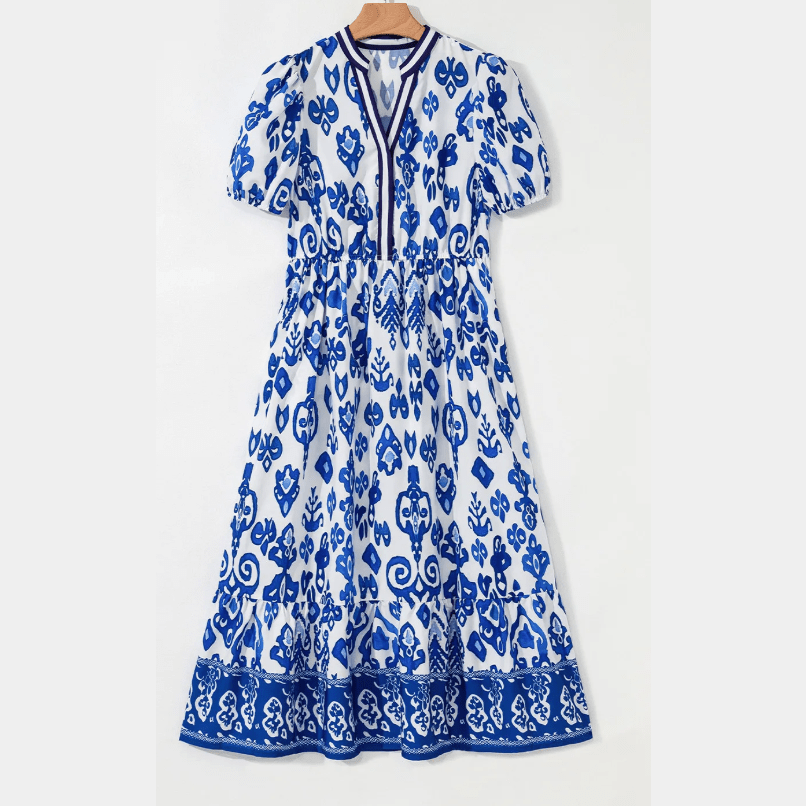 Bethan Blue & White Floral Puff Short Sleeve V Neck High Waist Maxi Dress