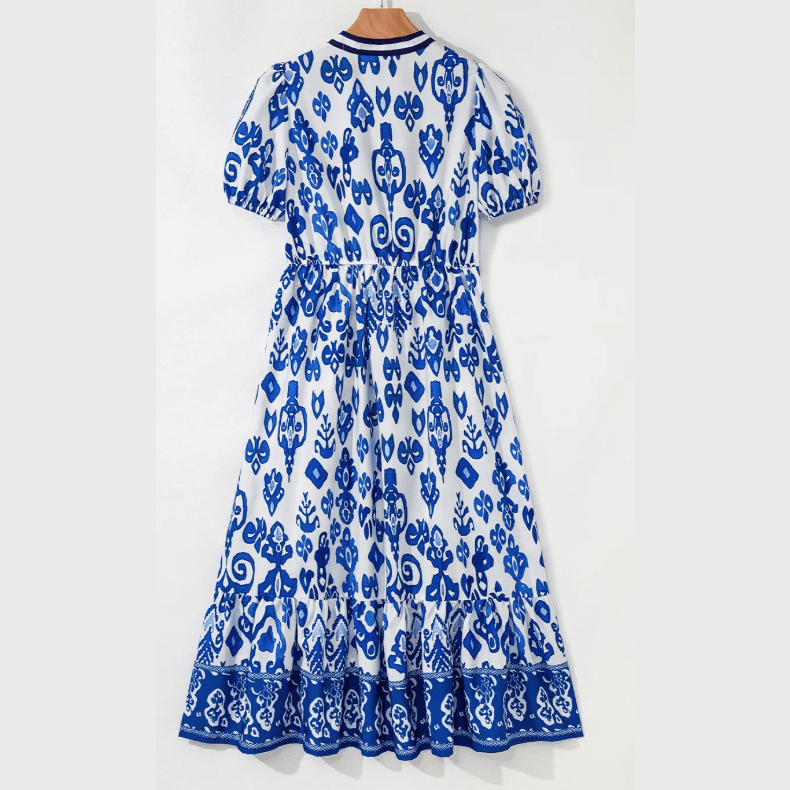 Bethan Blue & White Floral Puff Short Sleeve V Neck High Waist Maxi Dress