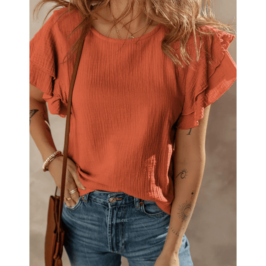 Verena Orange Crinkled Cotton Gauze Ruffle Sleeve Blouse