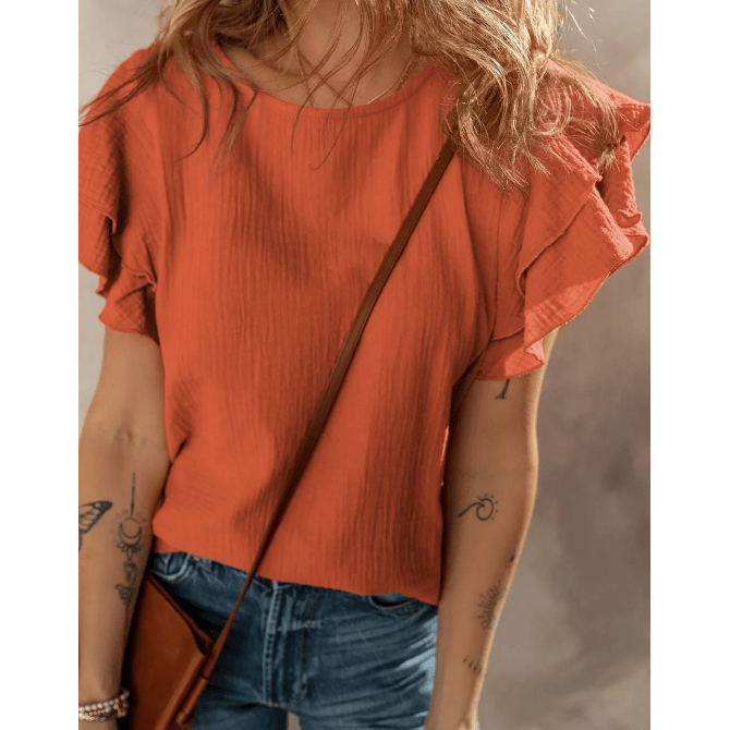 Verena Orange Crinkled Cotton Gauze Ruffle Sleeve Blouse
