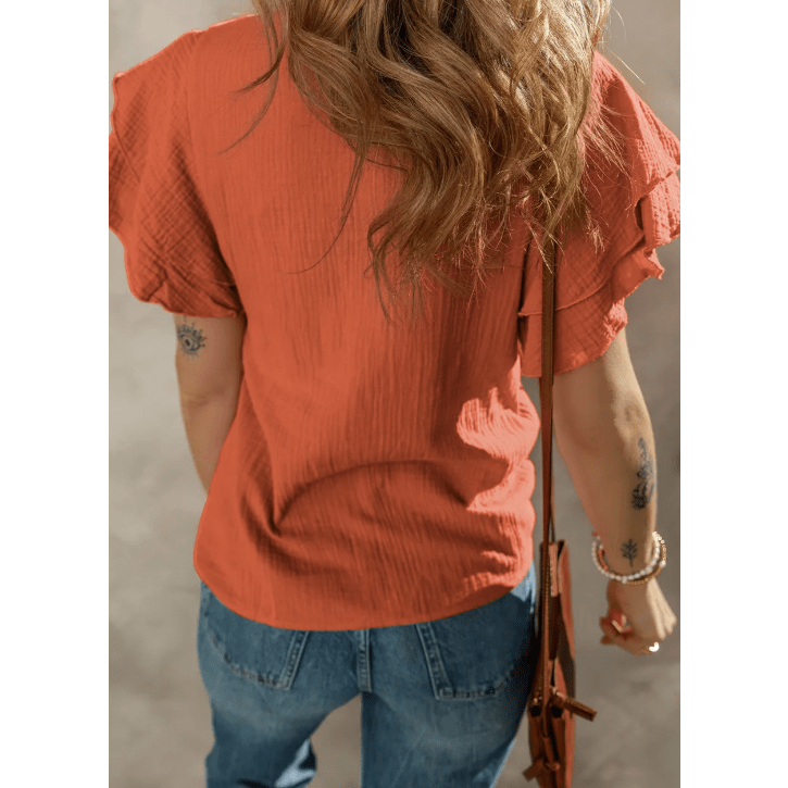 Verena Orange Crinkled Cotton Gauze Ruffle Sleeve Blouse