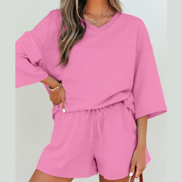 Meshelle Bonbon Pink Solid Loose V Neck Half Sleeve Tee and Shorts