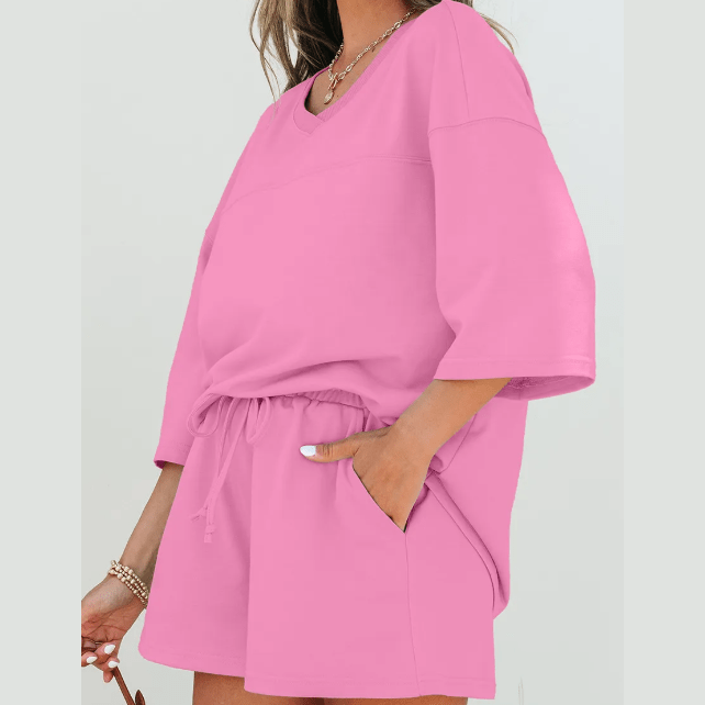 Meshelle Bonbon Pink Solid Loose V Neck Half Sleeve Tee and Shorts