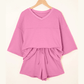 Meshelle Bonbon Pink Solid Loose V Neck Half Sleeve Tee and Shorts