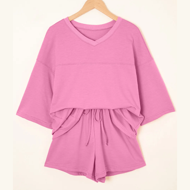 Meshelle Bonbon Pink Solid Loose V Neck Half Sleeve Tee and Shorts