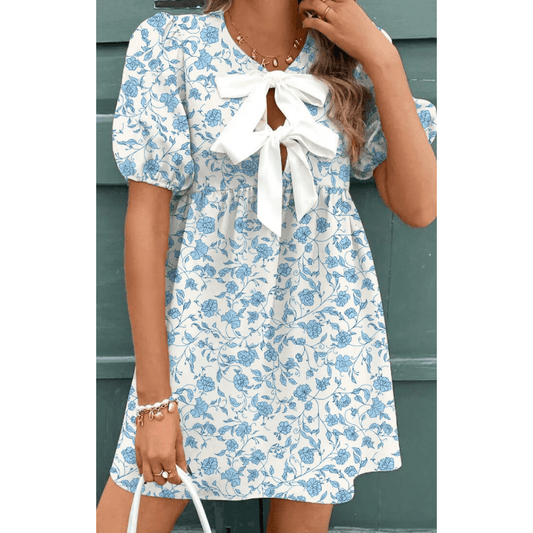 Regan Floral Contrast White Bow Puff Sleeve Mini Dress